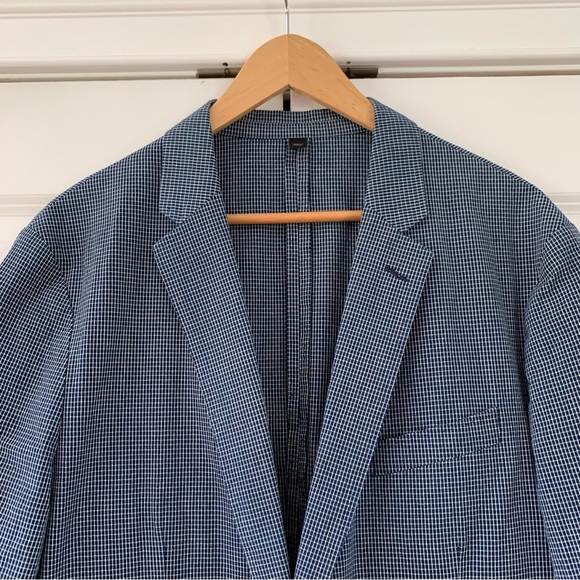 J Crew Ludlow Blazer Jacket Unlined Cotton Blue Grid Plaid Unstructuted 44 R - Picture 3 of 10